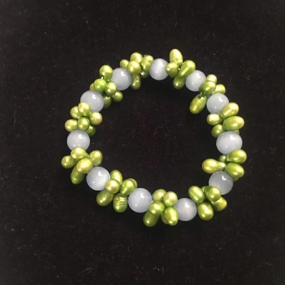 Blue Bead With Faux Pistachio Pearls Stretch Bracelet